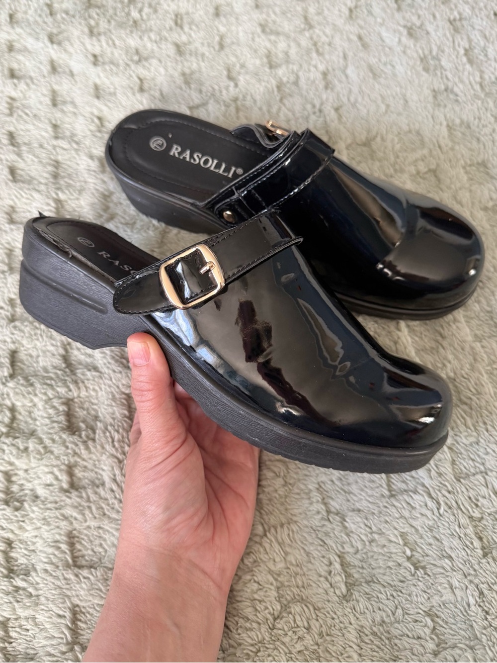 Rasolli Shiny Black Patent Leather Clog Mules with Silver Buckle 7.5